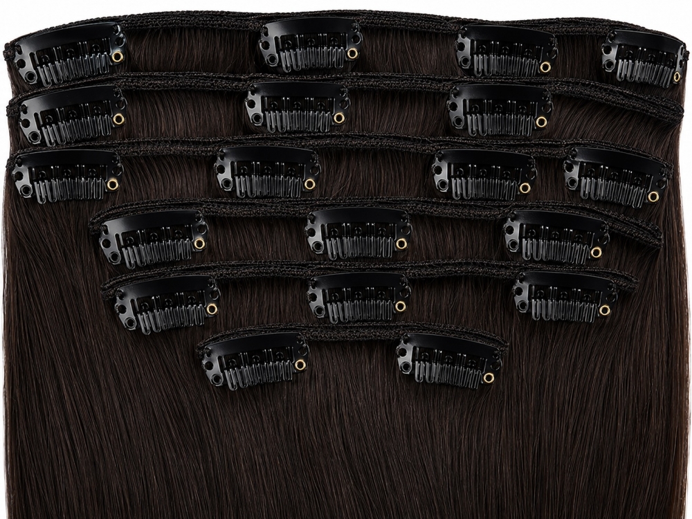 Clip on extensions 55 cm - Europeisk hår - Sort/Brun #1B