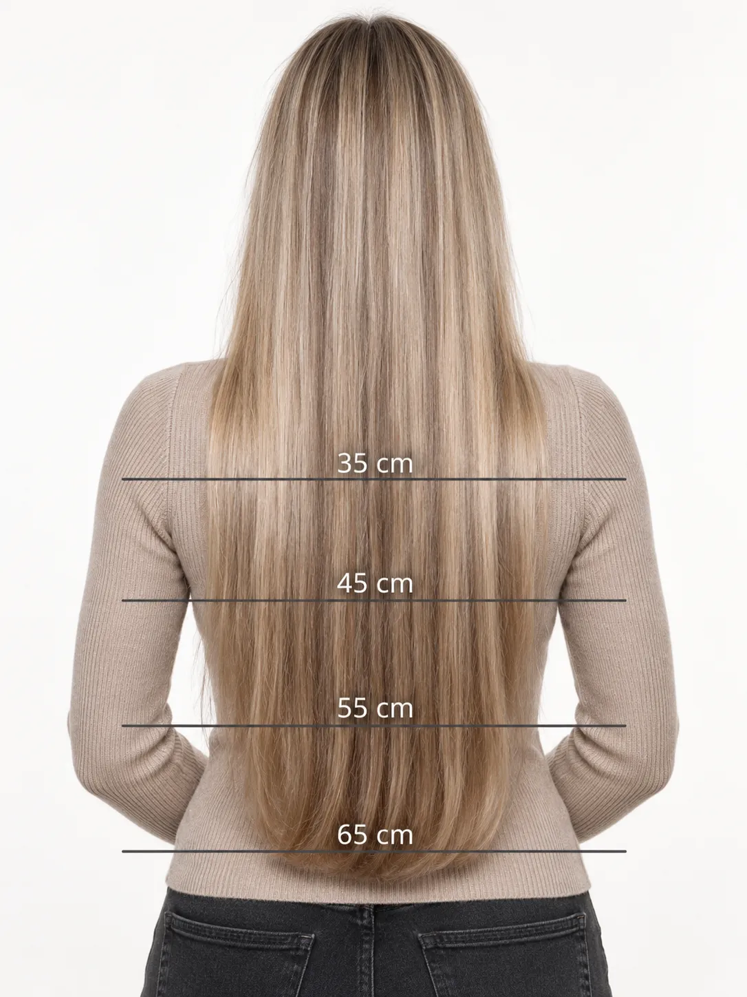 Oversikt over hvor langt 35, 45, 55 og 65 cm extensions rekker på kroppen
