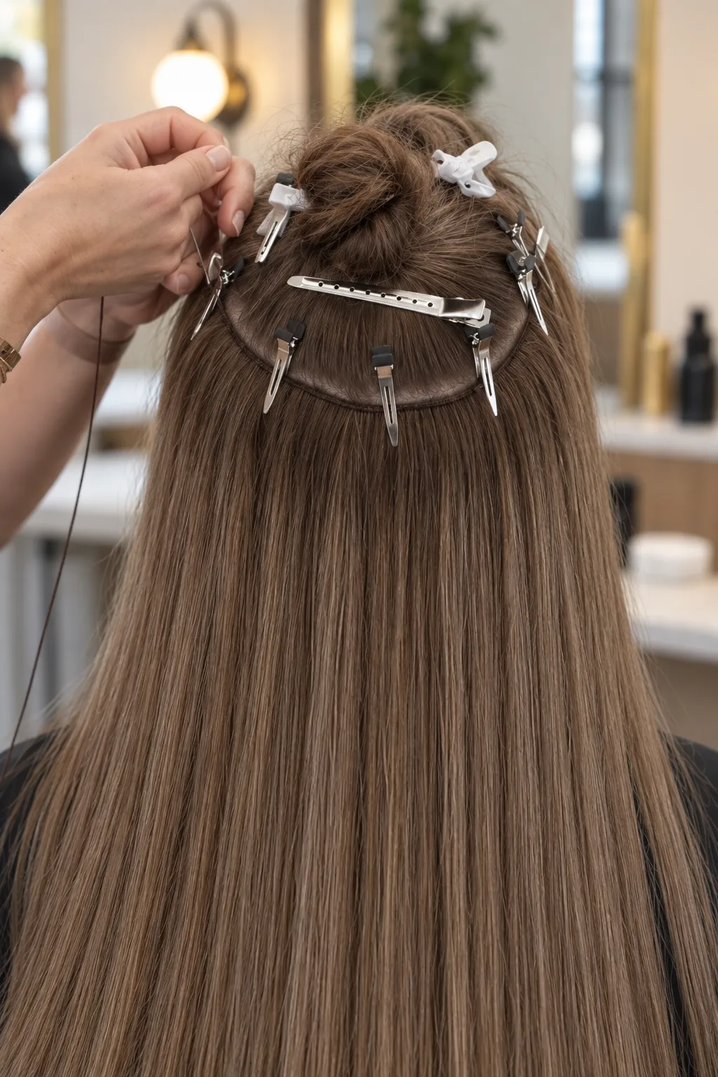 Illustrasjon av montering av weft extensions i horisontale rader