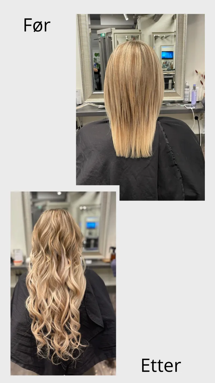 Før og etter: 65 cm langt hår med skånsom tape med europeisk tape extensions 65 cm i Platinablond #60, Kald blond #101 og Askebrun #7