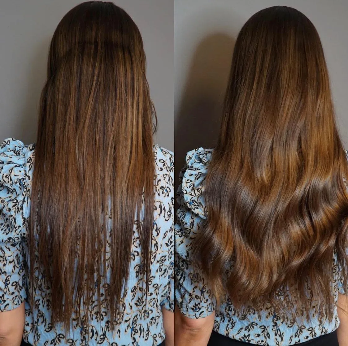 Før og etter: fyldigere hår med to pakker med indisk tape extensions 55 cm i Nøttebrun #6