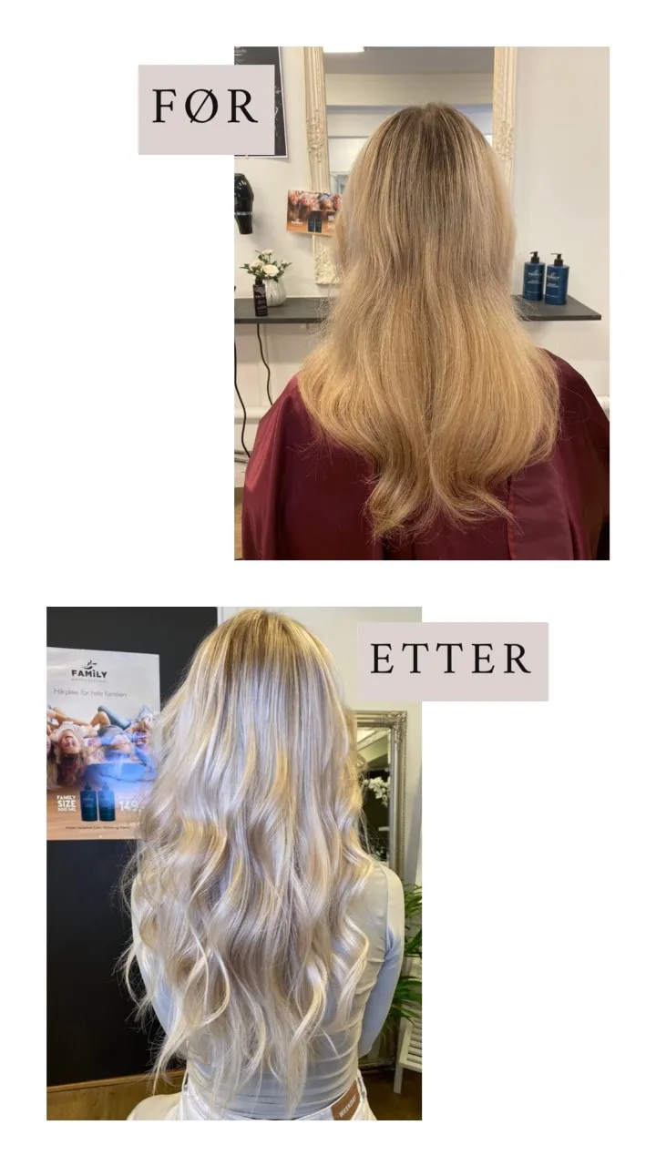 Før og etter: lengre hår med europeisk tape extensions 55 cm i Platinablond #60 og Kald blond #101, fargen er korrigert litt av kunden
