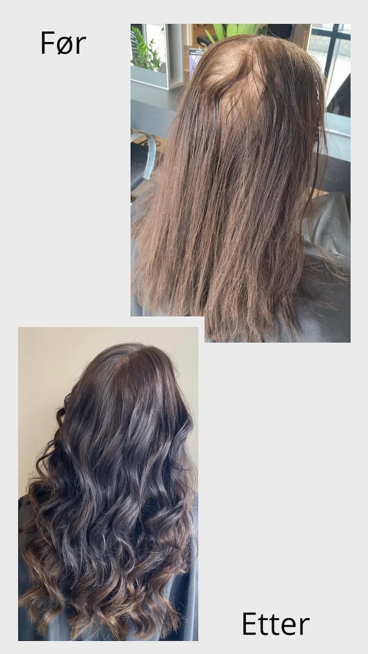 Før og etter: langt og fyldig hår ved håravfall med europeisk tape extensions 45 cm i Ombre #1b/#2/#4