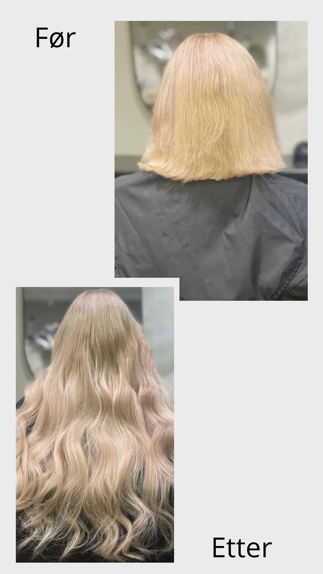 Før og etter: fra skulderlangt til langt og fyldig med keratin med europeisk keratin extensions 55 cm i Kald blond #101, Naturlig blond #16 og Gyllen blond #22
