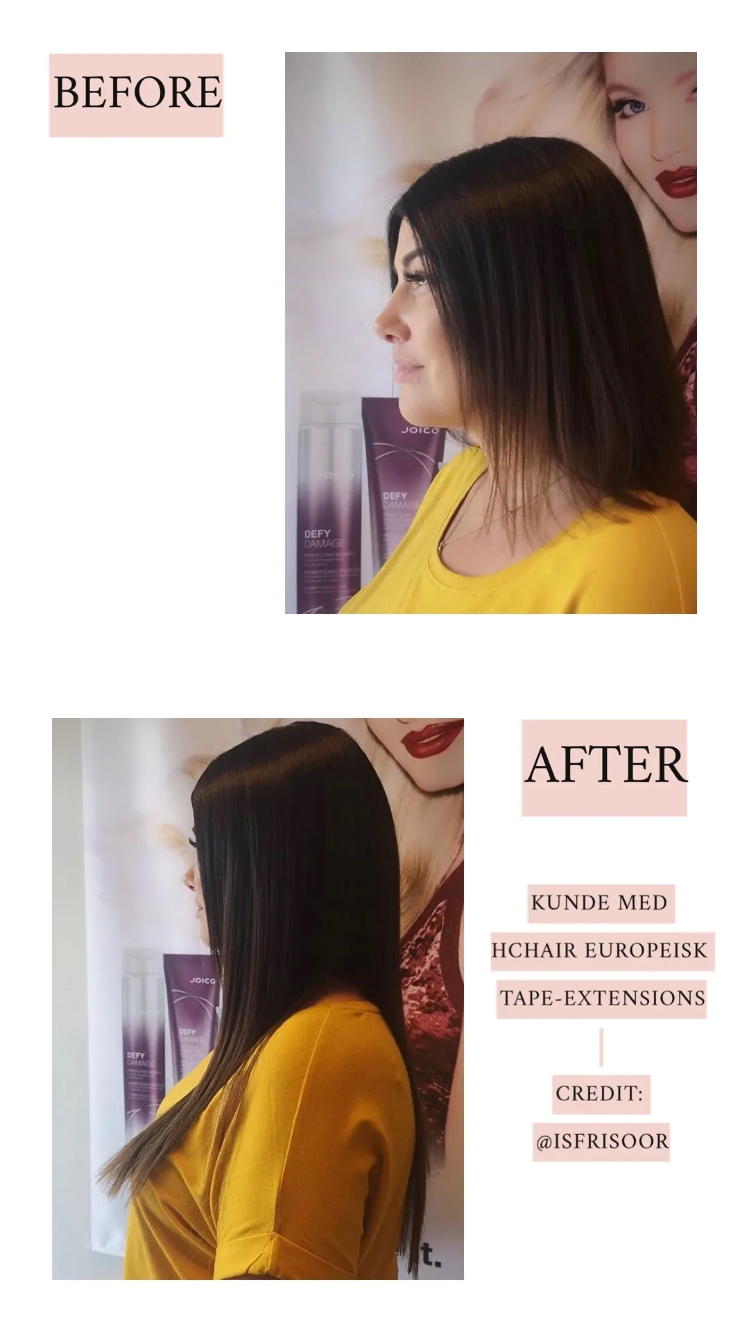 Før og etter: ny og fresh frisyre med europeisk tape extensions 45 cm i Ombre #1b/#2/#4