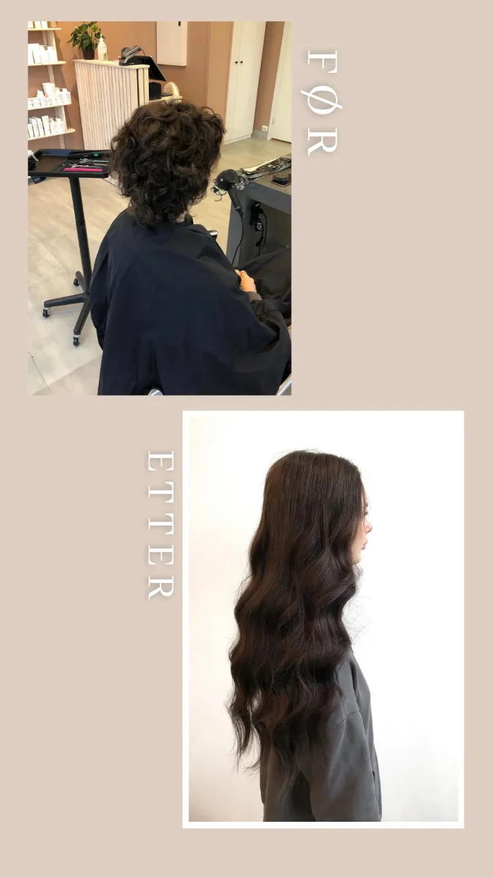 Før og etter: hair extensions på kort hår med indisk tape extensions 55 cm i Mørkebrun #2