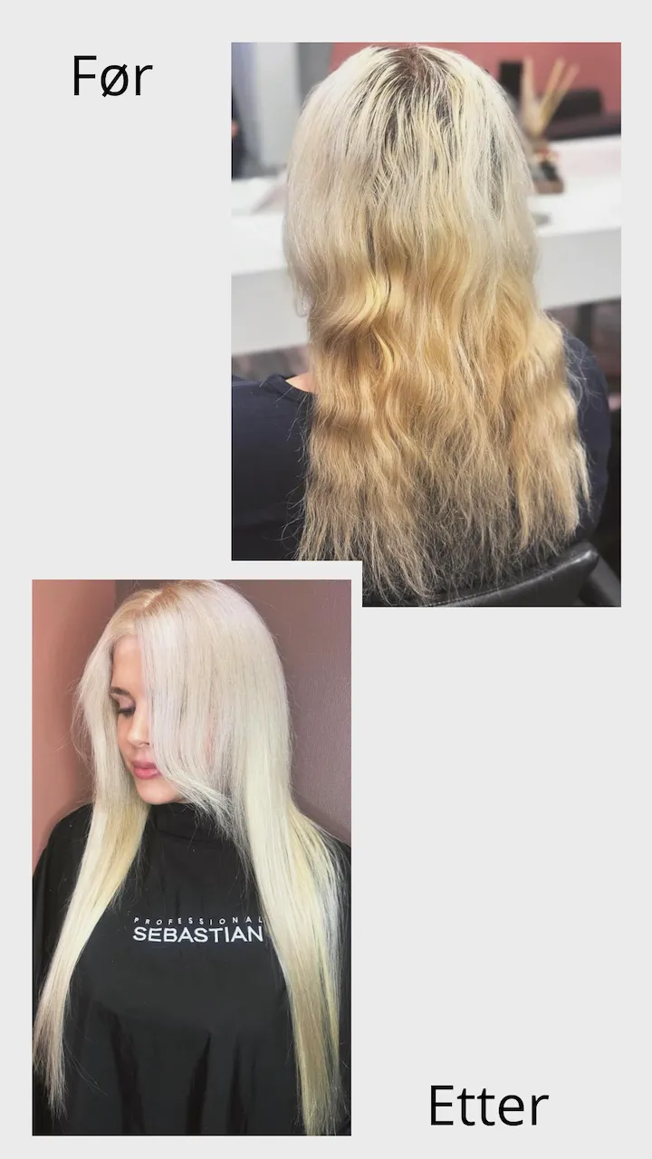 Før og etter: lengre og fyldigere hår med europeisk tape extensions 55 cm i Platinablond #60