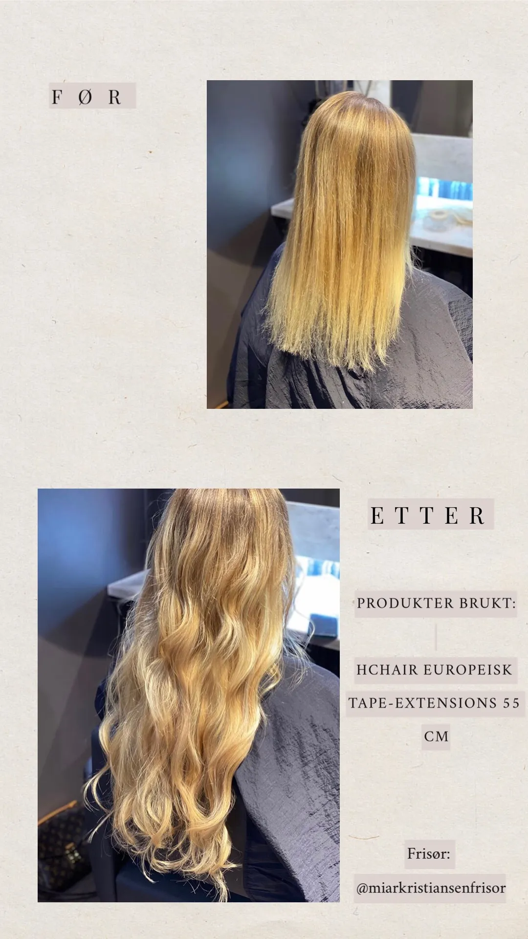 Før og etter: en naturlig hårforlengelse med europeisk tape extensions 55 cm i Gyllen blond #22