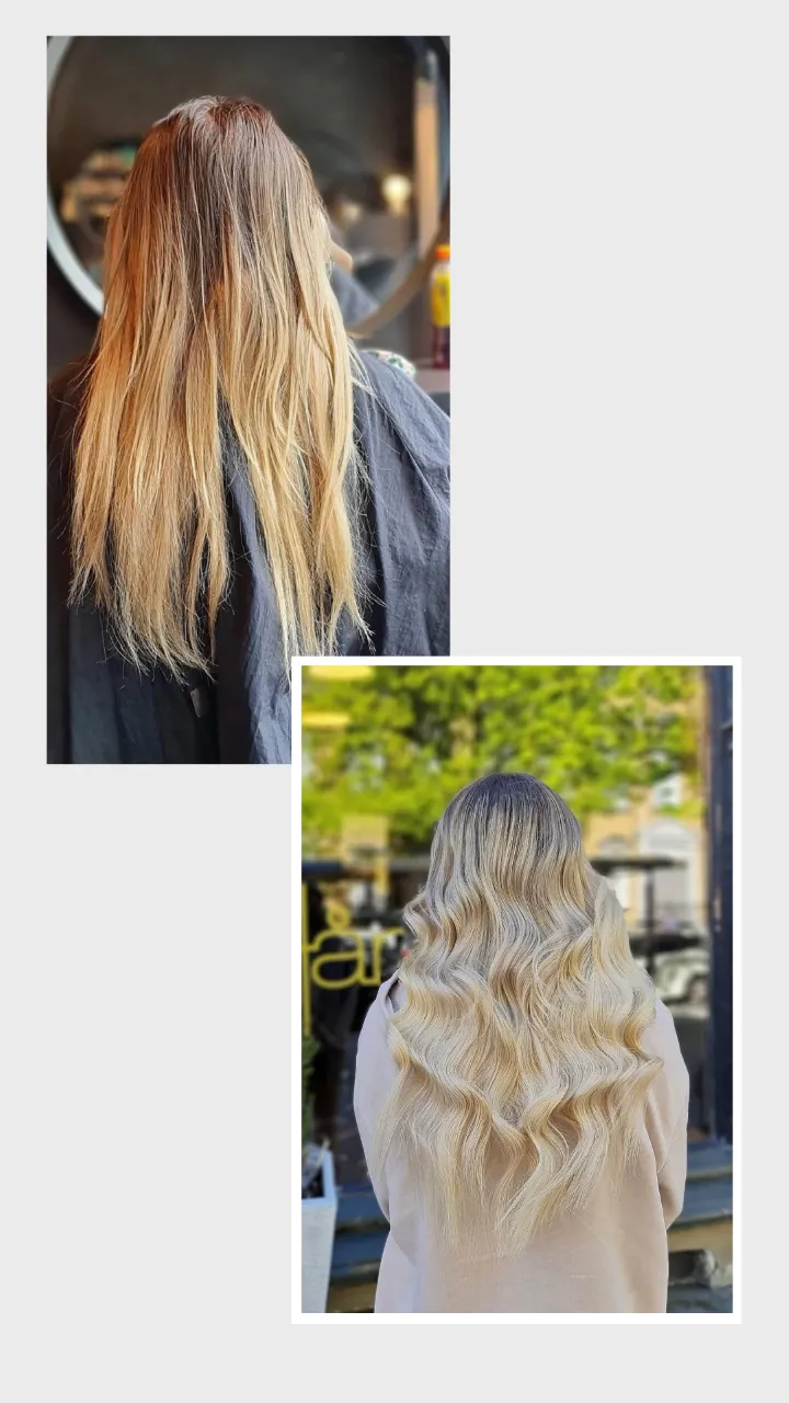 Før og etter: solkysset hår med europeisk tape extensions 55 cm i Kald blond #101 og Balayage #8/#60