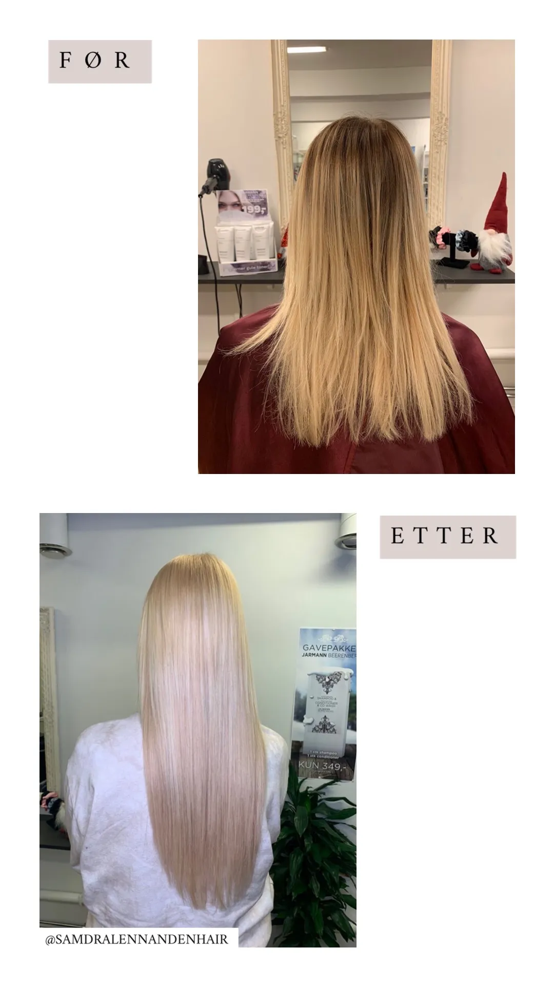 Før og etter: langt hår på 1-2-3 med europeisk tape extensions 45 cm i Kald blond #101