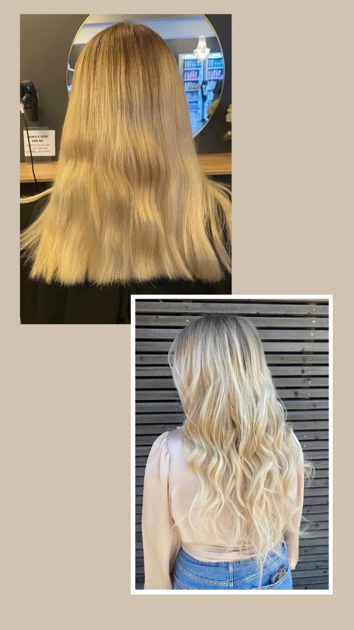 Før og etter: langt og vakkert hår med europeisk tape extensions 55 cm i Lys blond #613 og Balayage #8/#60